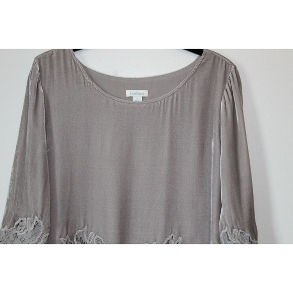 Sundance Floral Lace Cascade Velvet Blouse Bell Sleeve Gray Size Large H14079 - Picture 4 of 11